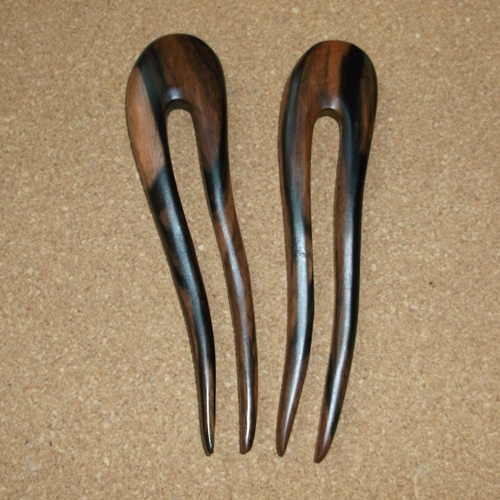 Ebony striped 2 prong curved hairfork supplied by Longhaired Jewels