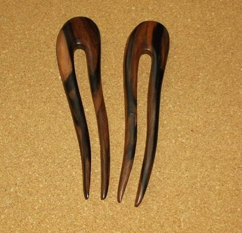 Ebony striped 2 prong curved hairfork supplied by Longhaired Jewels