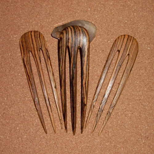 Bocote wood 3 prong hairforks supplied  by Longhaired Jewels