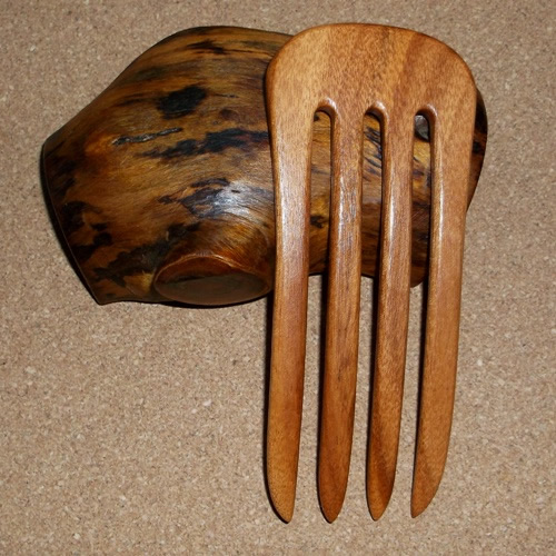 Joshua Jeter 4 prong Brazillian Koa hairfork supplied by Longhaired Jewels
