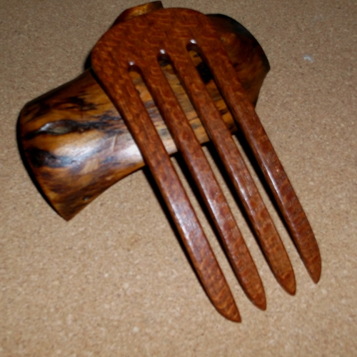 Lacewood 4 prong rounded top hairfork by Joshua Jeter and supplied by Longhaired Jewels