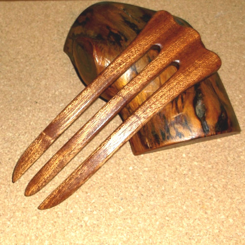 Joshua Jeter 4 prong Sapele wood hairfork supplied by Longhaired Jewels