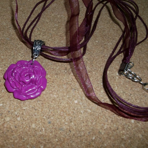 Homemade Violet coloured Polymer Rose Pendant necklace - supplied by Longhaired Jewels