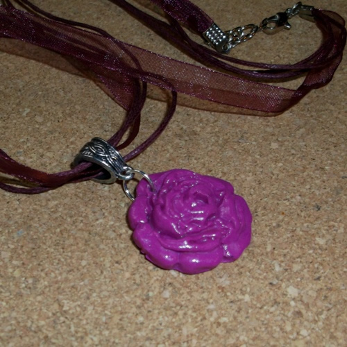 Homemade Violet coloured Polymer Rose Pendant necklace - supplied by Longhaired Jewels