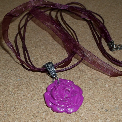 Homemade Violet coloured Polymer Rose Pendant necklace - supplied by Longhaired Jewels