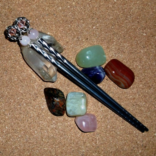 quartz Twist stainless steel hairsticks handmade and supplied  by Longhaired Jewels