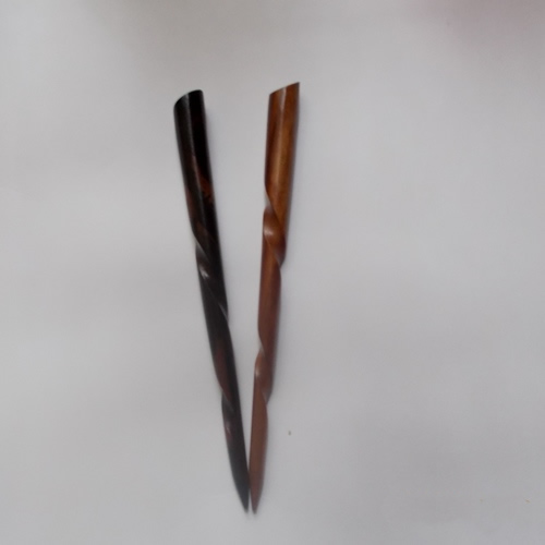 Handmade wooden spiral hairsticks supplied by Longhaired Jewels
